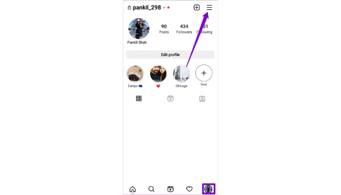 Click on Instagram 3 Horizontal lines