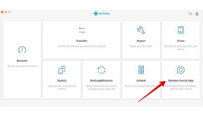 Tap Restore  Social in Dr.Fone App 