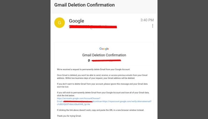 Gmail Deletion Confirmation Email-
