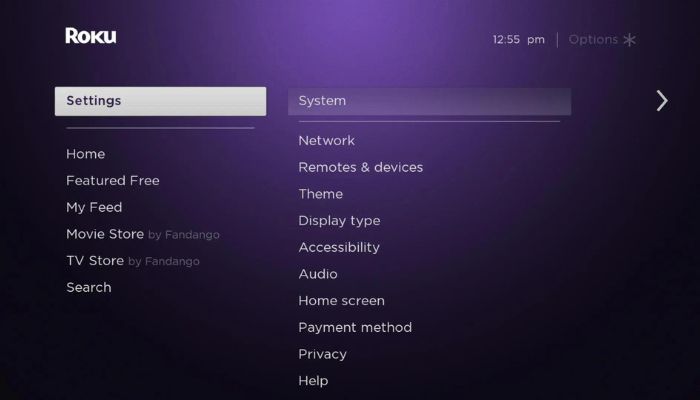 Roku Settings Menu