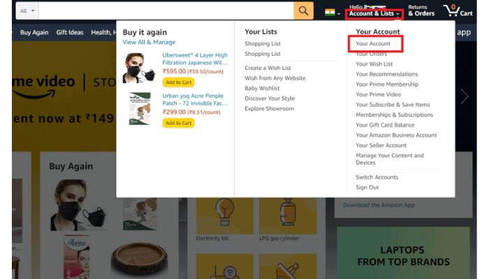 Amazon account desktop view