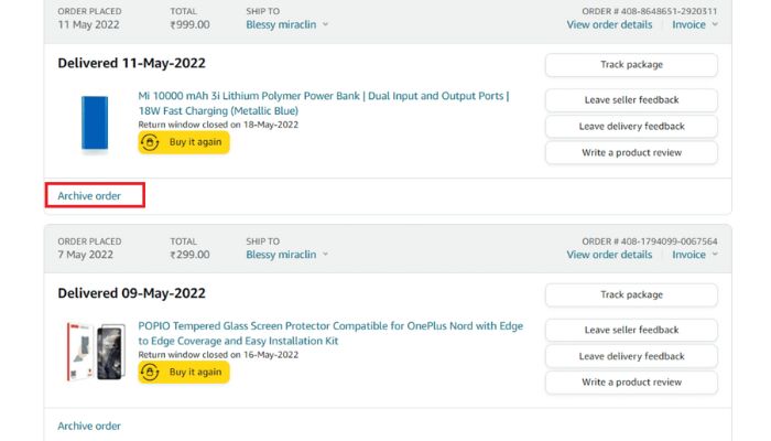 Amazon archieve order