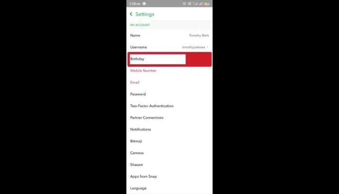 Click On Birthday Settings Snapchat
