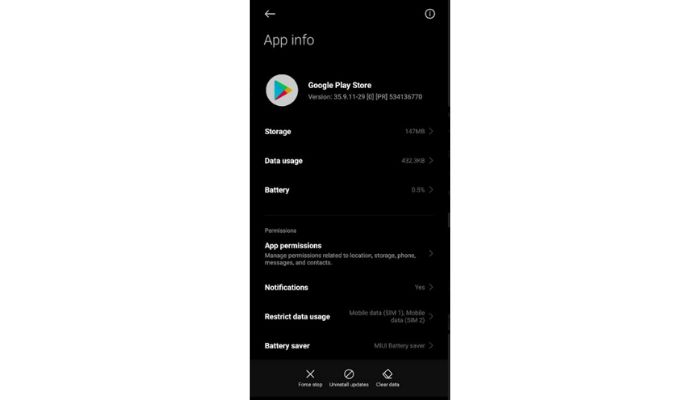 Settings of Google Play Store