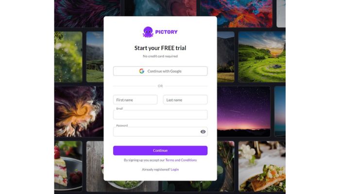 singup page of pictory ai