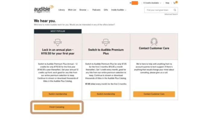 Finish canceling audible subscription