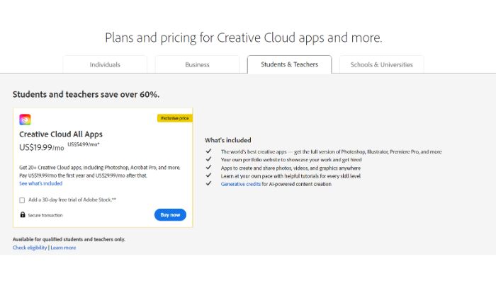 Adobe Student Discount Page