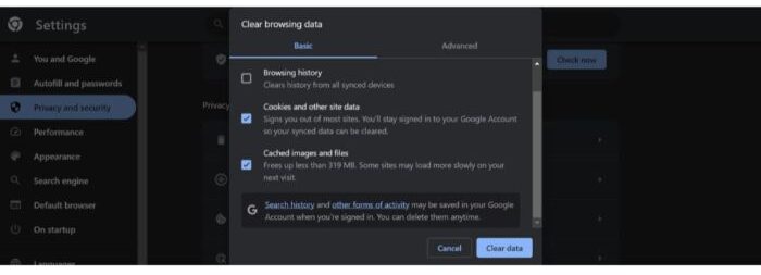 Clear browser cookies