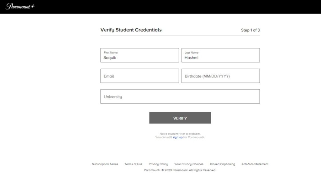 Paramount Plus Student Discount page