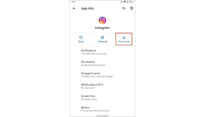 force stop Instagram