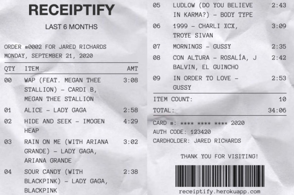 Spotify/ Apple Music Receipt