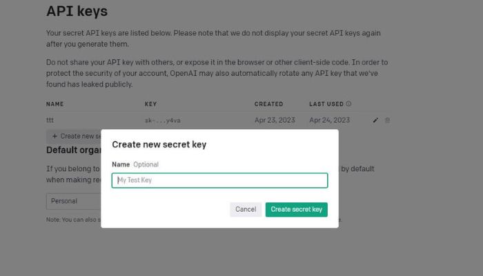 create secret key openai