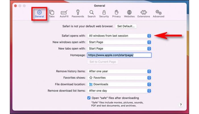 safari all windows from last session